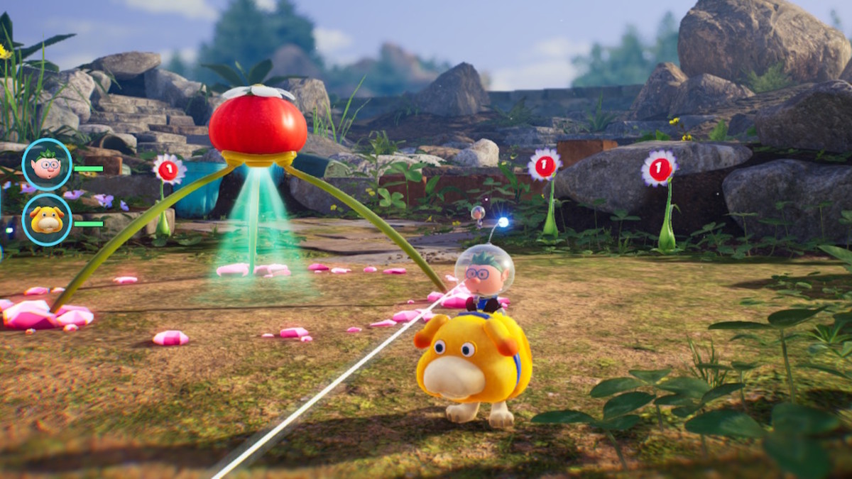 A small human in a spacesuit is sitting on a large yellow dog. Behind them is a clearing with red flowers and a large red onion on thin yellow legs